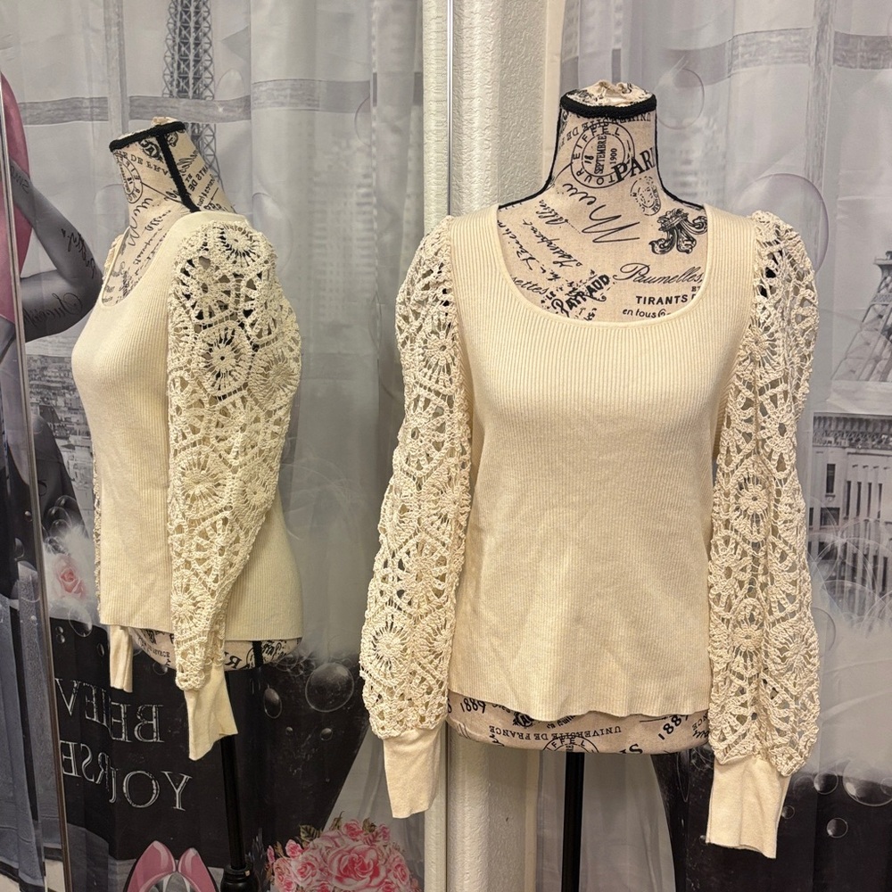 NWT On Twelfth Cream Sweater with Crochet Sleeves